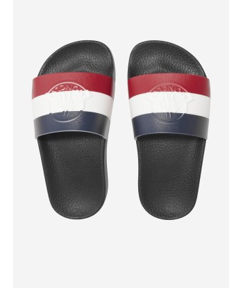 Moncler Enfant Kids Basile Sliders in Black brillant des détails fins