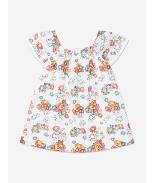 Moschino Baby Girls Teddy Flower Dress in White en stock