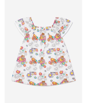 Moschino Baby Girls Teddy Flower Dress in White en stock