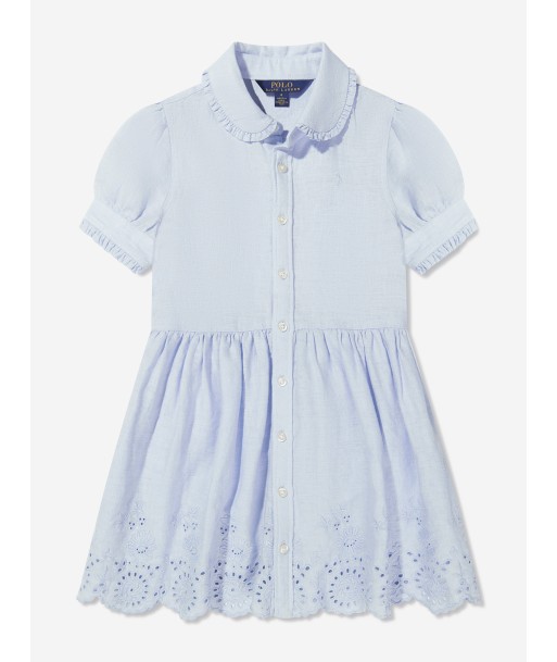 Ralph Lauren Girls Embroidered Shirt Dress in Blue pas cher