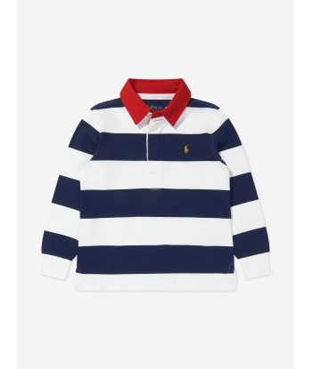 Ralph Lauren Boys Striped Rugby Shirt in Navy français